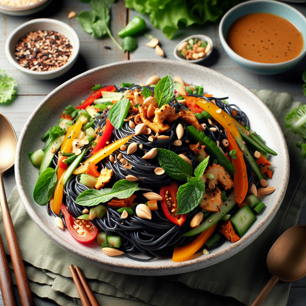 Salade de nouilles au riz noir avec vinaigrette épicée aux arachides