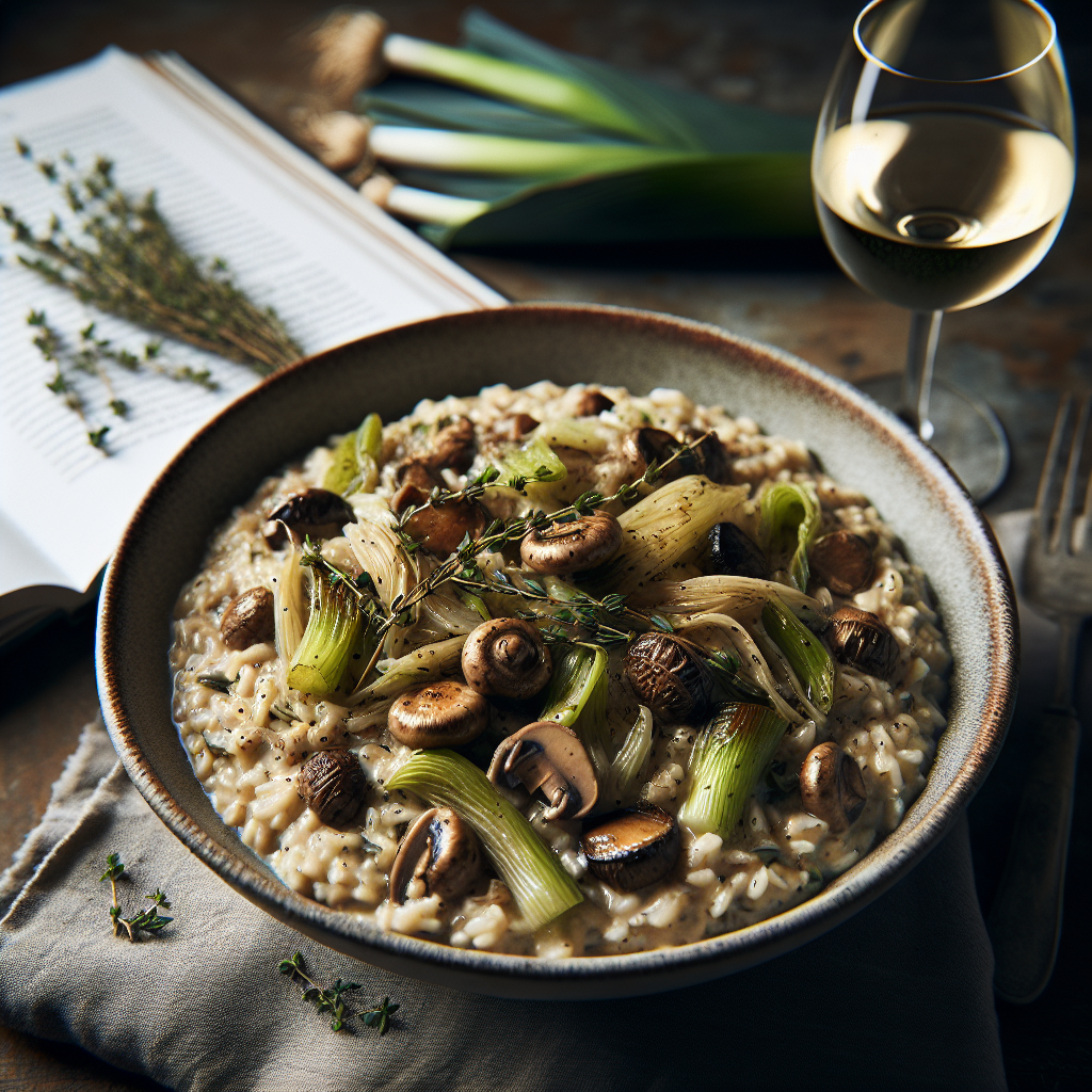 Risotto aux champignons et aux poireaux au vin blanc et au thym