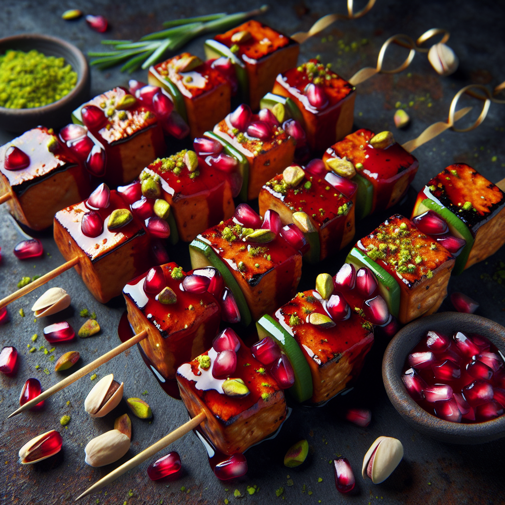 Brochettes de tempeh glacées à la grenade et aux pistaches