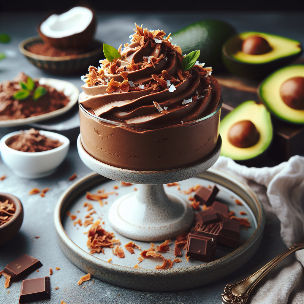 Mousse d'avocat au chocolat végétalienne avec des flocons de noix de coco