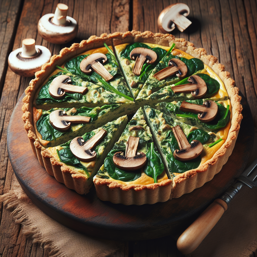 Quiche végétalienne aux épinards et aux champignons avec une croûte à la farine d'amande